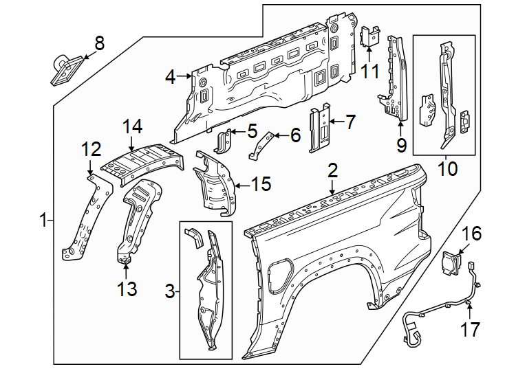 Diagram Pick up box components. for your 2016 Chevrolet Colorado   