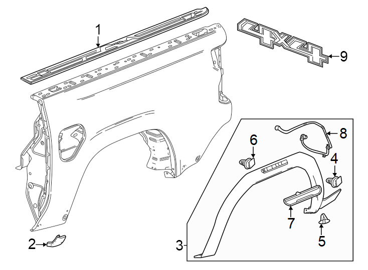 4Pick up box. Exterior trim.https://images.simplepart.com/images/parts/motor/fullsize/GD23650.png