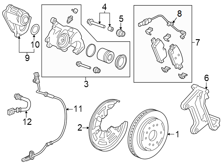 Diagram Rear suspension. Brake components. for your 2021 GMC Sierra 2500 HD 6.6L Duramax V8 DIESEL A/T 4WD SLT Crew Cab Pickup 