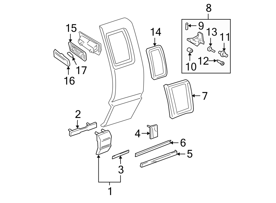 Diagram Exterior trim. Roof lamps. Side glass. for your 2003 GMC Sonoma SLS Crew Cab Pickup Fleetside 4.3L Vortec V6 M/T RWD 