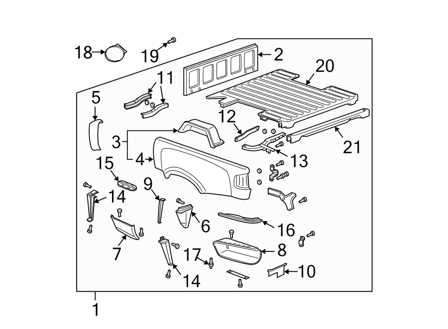 Diagram Pick up box. Box assembly. Floor. Front & side panels. for your 2003 GMC Sonoma   