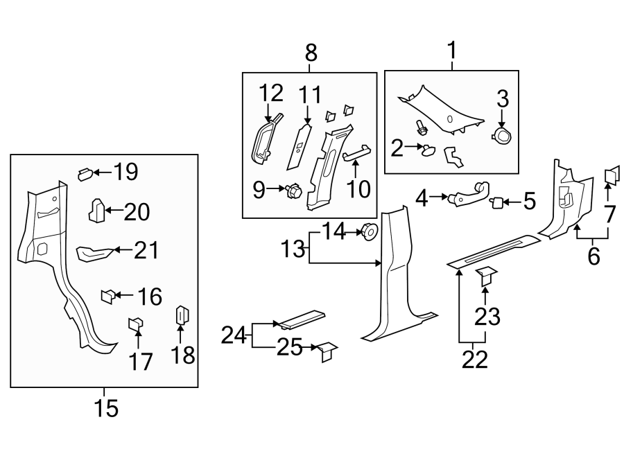 PILLARS. ROCKER & FLOOR. INTERIOR TRIM. Diagram