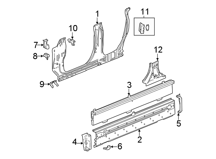 Diagram Pillars. Rocker & floor. Aperture panel. for your 2021 GMC Sierra 2500 HD  SLE Crew Cab Pickup Fleetside 