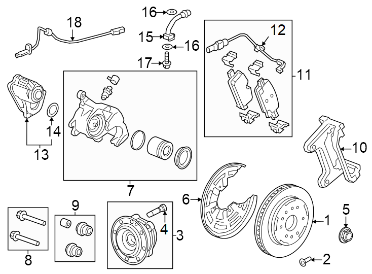 Diagram Rear suspension. Brake components. for your 2018 GMC Sierra 2500 HD 6.6L Duramax V8 DIESEL A/T 4WD SLE Extended Cab Pickup Fleetside 