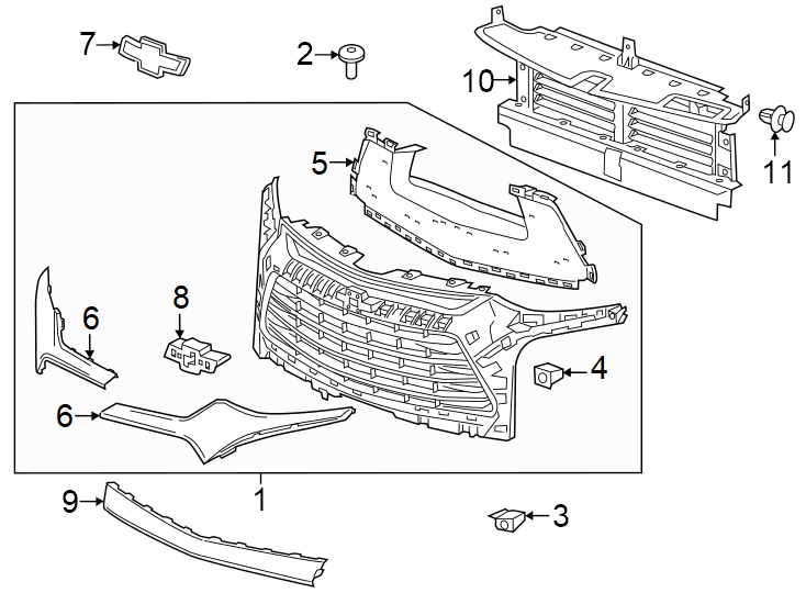 10Front bumper & grille. Grille & components.https://images.simplepart.com/images/parts/motor/fullsize/GF19022.png