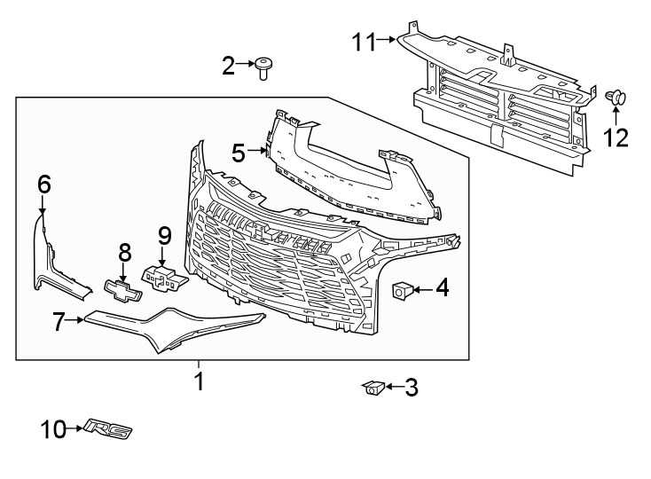 11FRONT BUMPER & GRILLE. GRILLE & COMPONENTS.https://images.simplepart.com/images/parts/motor/fullsize/GF19040.png