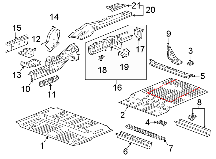 Diagram REAR BODY & FLOOR. FLOOR & RAILS. for your 2011 GMC Sierra 2500 HD 6.6L Duramax V8 DIESEL A/T 4WD SLE Standard Cab Pickup 