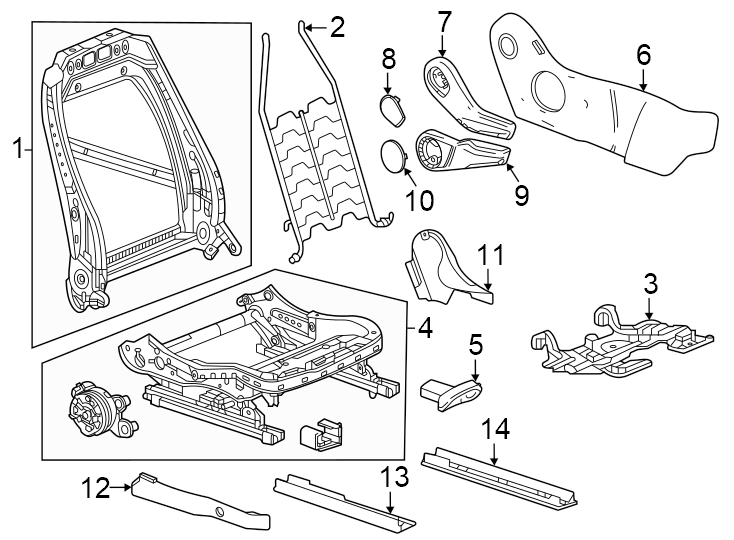 14Frames & shields. Inner. Outer. Seat back. Seat cushion. W/O power.https://images.simplepart.com/images/parts/motor/fullsize/GF24475.png