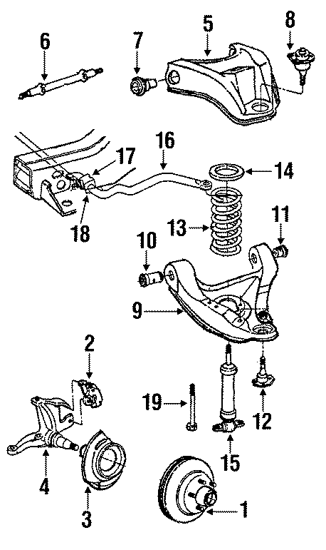 Diagram FRONT SUSPENSION. BRAKE COMPONENTS. STABILIZER BAR & COMPONENTS. SUSPENSION COMPONENTS. for your 2023 Chevrolet Equinox 1.5L Ecotec A/T FWD LS Sport Utility 