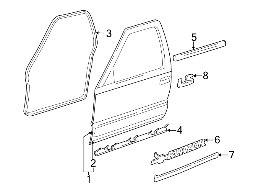 3Front door. Pillars. Rocker & floor. Door & components. Exterior trim.https://images.simplepart.com/images/parts/motor/fullsize/GF95395.png