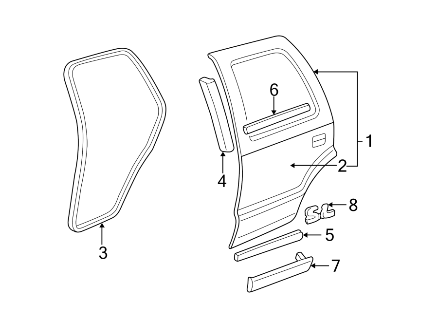 Diagram REAR DOOR. DOOR & COMPONENTS. EXTERIOR TRIM. for your 2022 Chevrolet Spark   