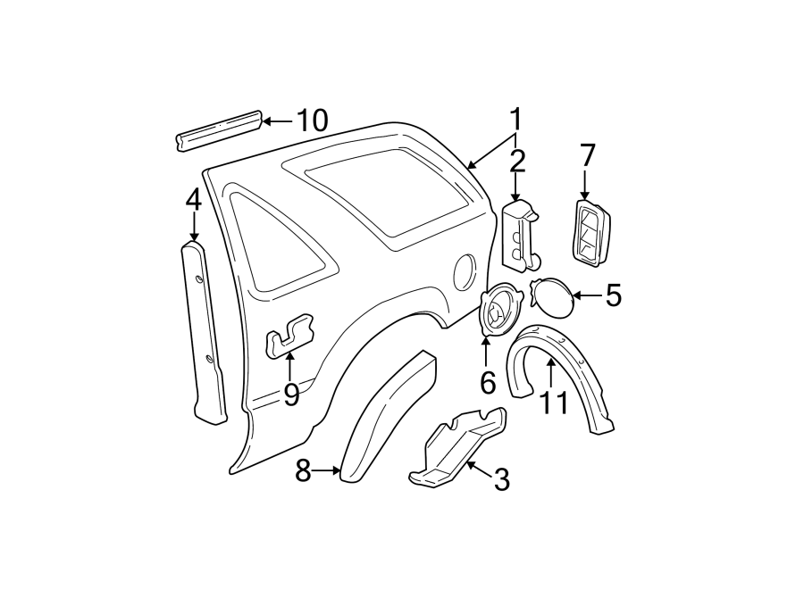 Diagram EXTERIOR TRIM. QUARTER PANEL & COMPONENTS. for your 2002 GMC Sierra 3500 6.6L Duramax V8 DIESEL M/T 4WD Base Crew Cab Pickup Fleetside 