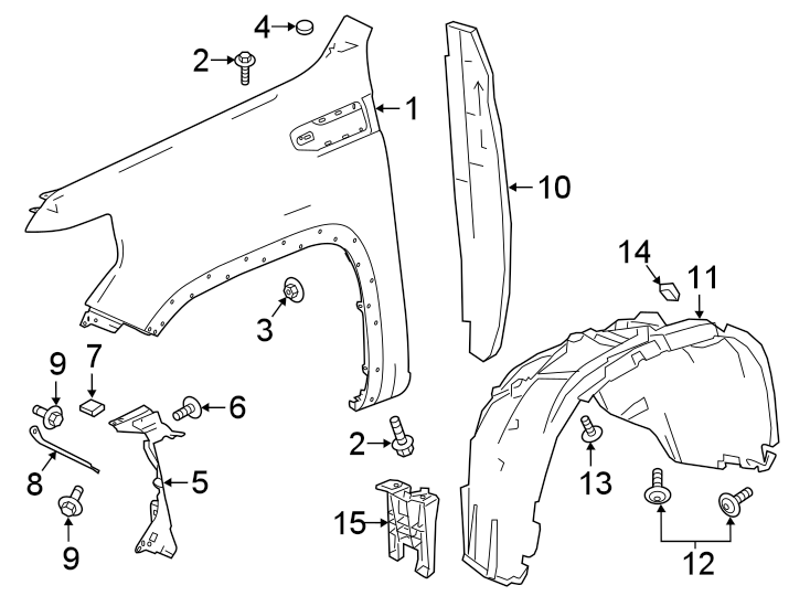 Diagram FENDER & COMPONENTS. for your 2023 GMC Sierra 1500 6.2L EcoTec3 V8 A/T 4WD Denali Crew Cab Pickup Fleetside 