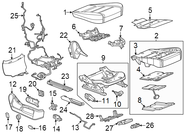 28Seats & tracks. Passenger seat components.https://images.simplepart.com/images/parts/motor/fullsize/GG19729.png