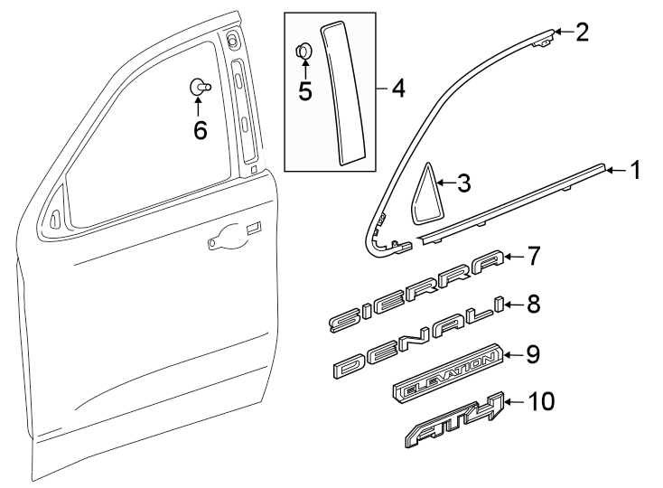 2Front door. Exterior trim.https://images.simplepart.com/images/parts/motor/fullsize/GG19756.png