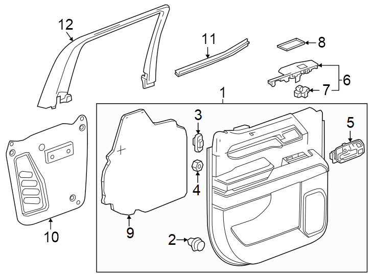 Diagram Rear door. Interior trim. for your 2002 GMC Sierra 3500 6.0L Vortec V8 M/T RWD Base Extended Cab Pickup Fleetside 