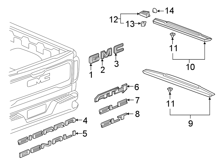 5Tail gate. Exterior trim.https://images.simplepart.com/images/parts/motor/fullsize/GG19786.png