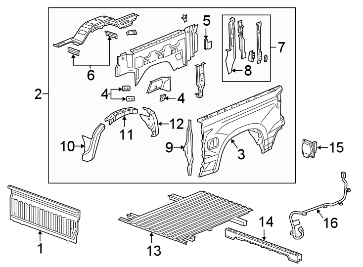 Diagram PICK UP BOX COMPONENTS. for your 2006 GMC Sierra 3500 6.6L Duramax V8 DIESEL A/T 4WD SLE Standard Cab Pickup Fleetside 