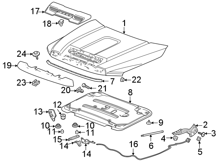 Diagram Hood & components. for your 2021 GMC Sierra 2500 HD 6.6L V8 A/T 4WD Base Extended Cab Pickup 