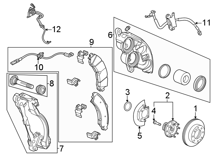 Diagram Front suspension. Brake components. for your 2021 GMC Sierra 2500 HD 6.6L Duramax V8 DIESEL A/T RWD SLT Crew Cab Pickup 