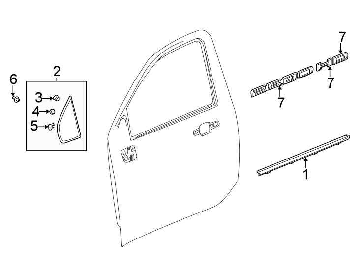 1Front door. Exterior trim.https://images.simplepart.com/images/parts/motor/fullsize/GG20438.png