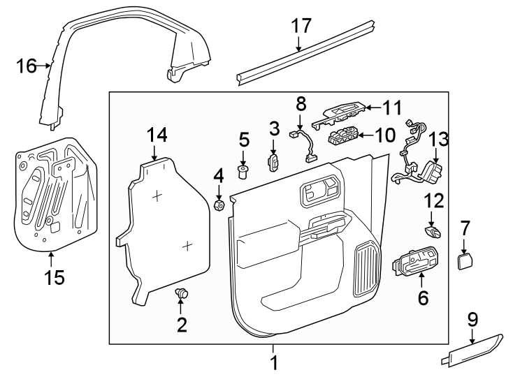 Diagram Front door. Interior trim. for your 2002 GMC Sierra 3500 6.0L Vortec V8 M/T RWD Base Extended Cab Pickup Fleetside 