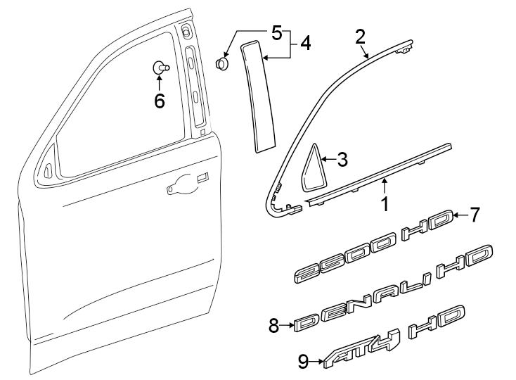 1Front door. Exterior trim.https://images.simplepart.com/images/parts/motor/fullsize/GG20460.png