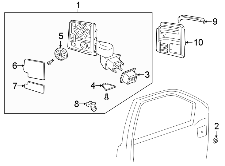 Diagram Front door. Outside mirrors. for your 2021 GMC Sierra 2500 HD 6.6L V8 A/T 4WD Base Extended Cab Pickup 