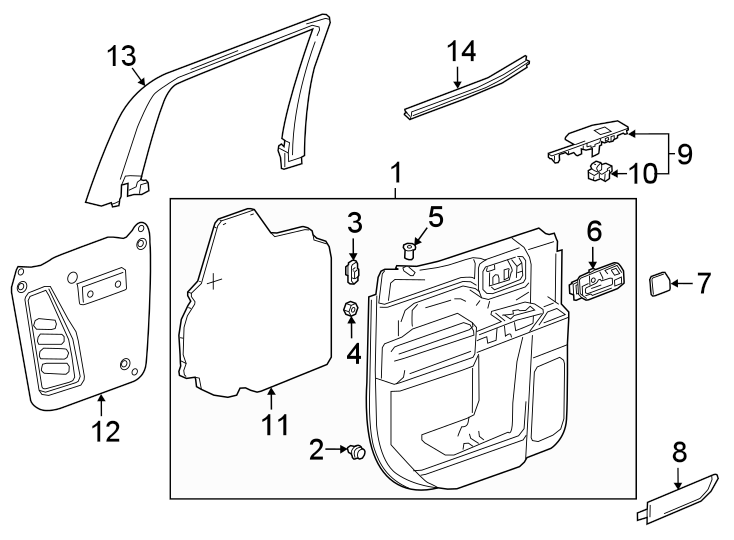 13Rear door. Interior trim.https://images.simplepart.com/images/parts/motor/fullsize/GG20498.png