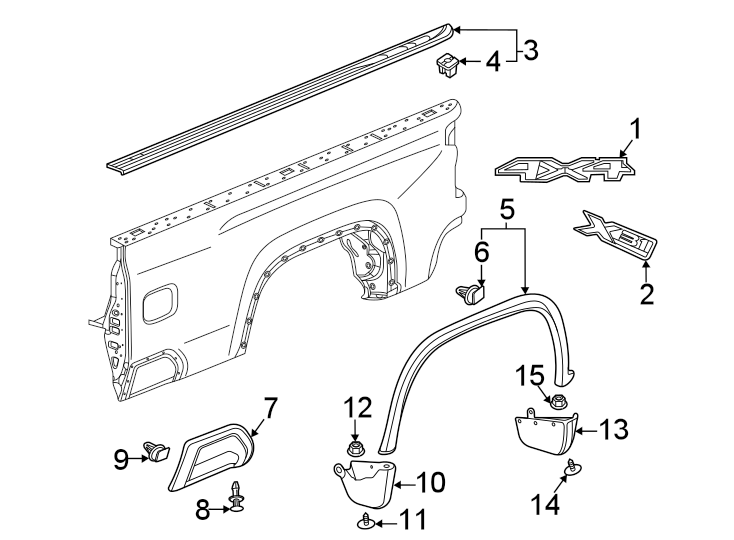 Diagram Exterior trim. for your 2021 GMC Sierra 2500 HD 6.6L Duramax V8 DIESEL A/T 4WD Base Extended Cab Pickup Fleetside 