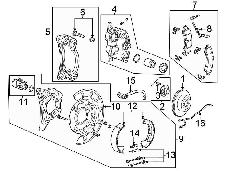 Diagram Rear suspension. Brake components. for your 2002 GMC Sierra 2500 HD SLT Extended Cab Pickup 8.1L Vortec V8 M/T 4WD 