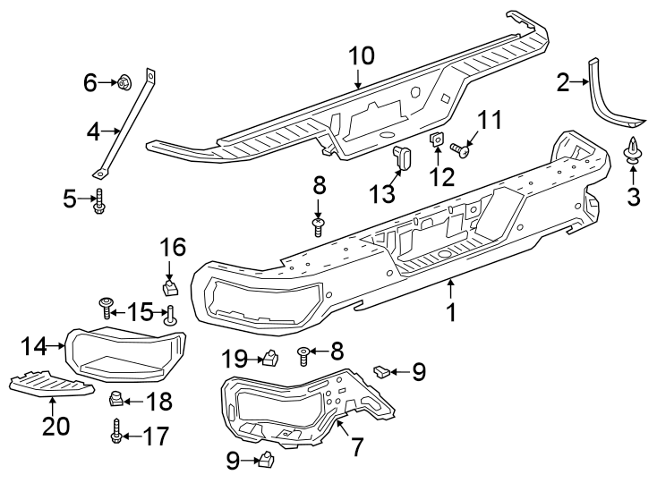 Diagram Rear bumper. Bumper & components. for your 2021 GMC Sierra 2500 HD 6.6L V8 A/T 4WD AT4 Crew Cab Pickup Fleetside 