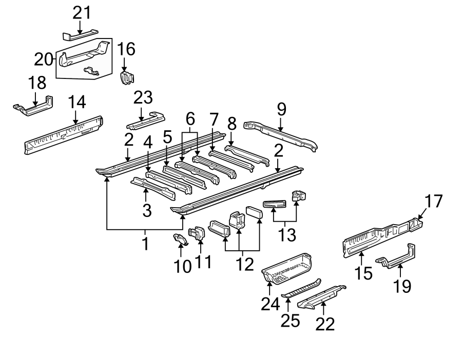 Diagram PILLARS. ROCKER & FLOOR. for your 2019 GMC Sierra 2500 HD 6.0L Vortec V8 CNG A/T 4WD SLT Extended Cab Pickup Fleetside 