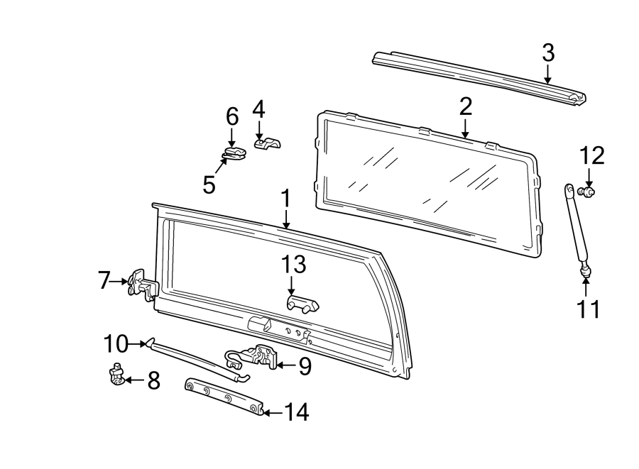 12Lift gate. Gate & hardware. Wiper & washer components.https://images.simplepart.com/images/parts/motor/fullsize/GG85125.png