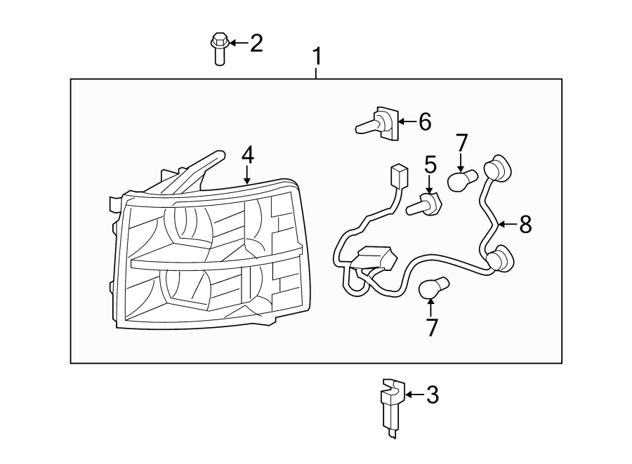 Diagram FRONT LAMPS. HEADLAMP COMPONENTS. for your 2007 GMC Sierra 1500 Classic SL Crew Cab Pickup 5.3L Vortec V8 FLEX A/T RWD 