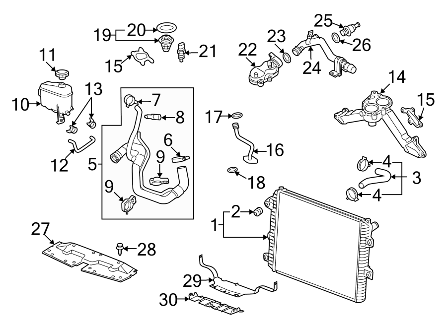 Diagram Radiator & components. for your 2005 GMC Sierra 2500 HD SLT Extended Cab Pickup Fleetside 6.6L Duramax V8 DIESEL A/T 4WD 