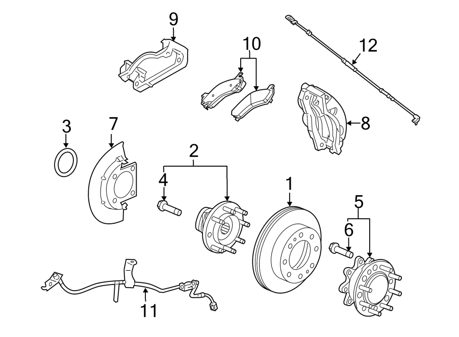 Diagram FRONT SUSPENSION. BRAKE COMPONENTS. for your 2012 GMC Sierra 2500 HD 6.0L Vortec V8 A/T 4WD SLE Standard Cab Pickup Fleetside 