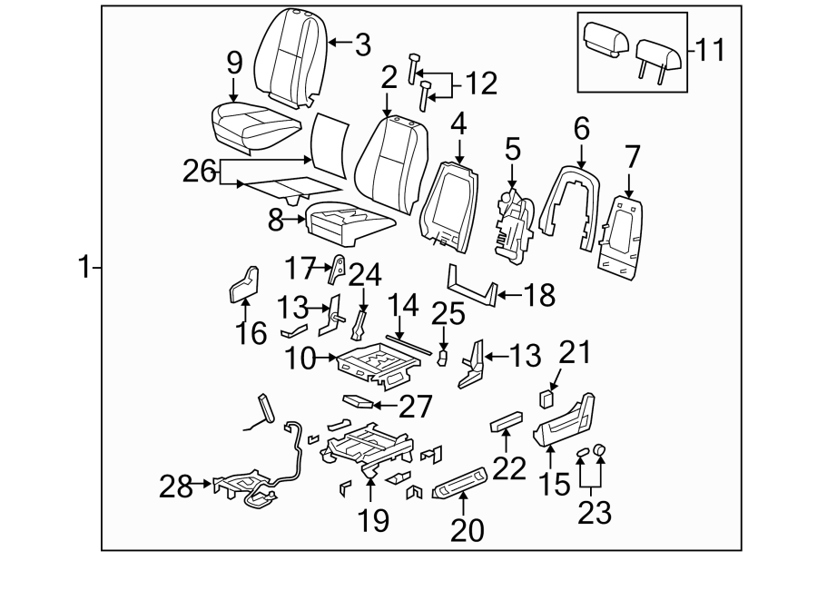 Diagram Seats & tracks. Front seat components. for your 2009 Chevrolet Silverado 2500 HD LTZ Extended Cab Pickup Fleetside  