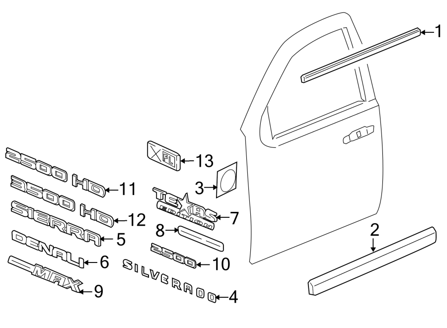 Diagram FRONT DOOR. EXTERIOR TRIM. for your 2013 Chevrolet Silverado 1500 WT Crew Cab Pickup 4.3L Vortec V6 A/T 4WD 