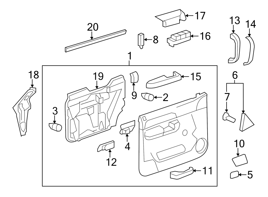 13Front door. Interior trim.https://images.simplepart.com/images/parts/motor/fullsize/GH07818.png