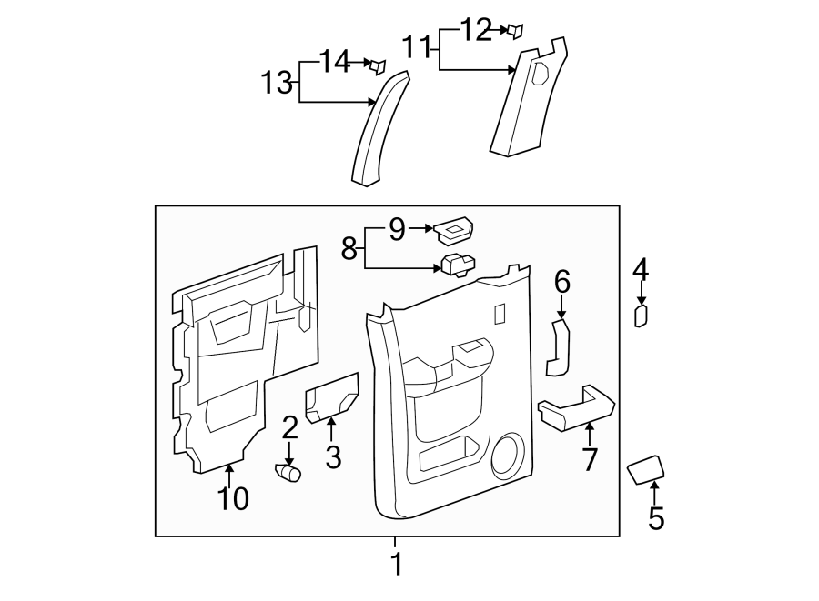 Diagram REAR DOOR. INTERIOR TRIM. for your 2011 Chevrolet Silverado 3500 HD WT Extended Cab Pickup Fleetside 6.6L Duramax V8 DIESEL A/T 4WD 