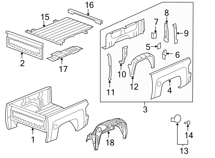 Diagram PICK UP BOX COMPONENTS. for your 2006 GMC Sierra 3500 6.6L Duramax V8 DIESEL A/T 4WD SLE Standard Cab Pickup Fleetside 