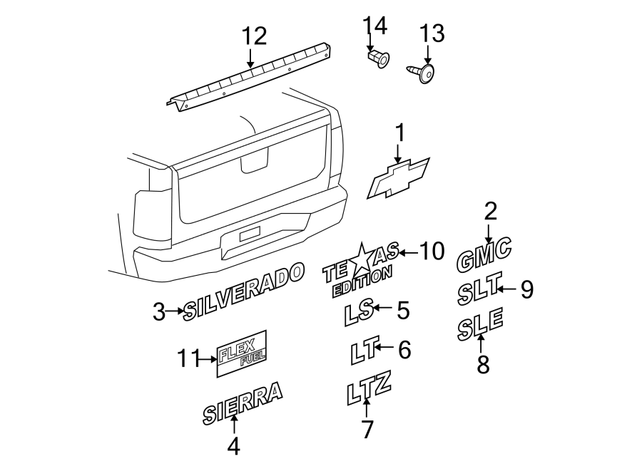 Diagram PICK UP BOX. EXTERIOR TRIM. for your 2013 Chevrolet Silverado 2500 HD LT Crew Cab Pickup Fleetside 6.0L Vortec V8 CNG A/T 4WD 