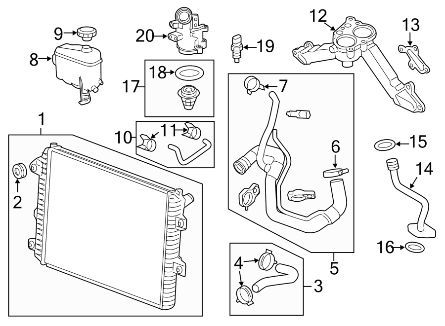 Diagram RADIATOR & COMPONENTS. for your 2005 GMC Sierra 2500 HD SLT Extended Cab Pickup Fleetside 6.6L Duramax V8 DIESEL A/T 4WD 