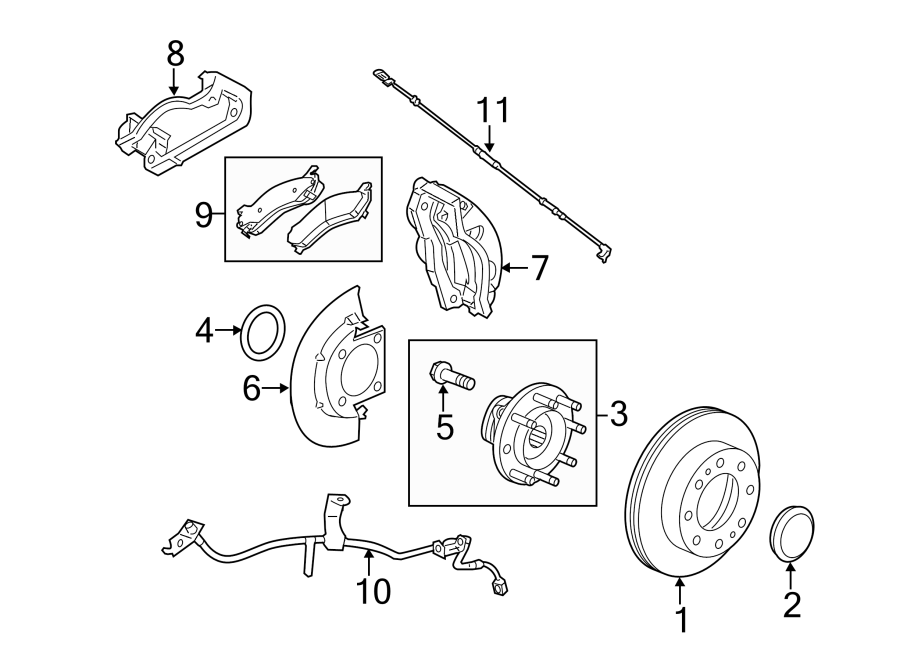 Diagram Front suspension. Brake components. for your 2018 GMC Sierra 2500 HD 6.6L Duramax V8 DIESEL A/T RWD SLT Extended Cab Pickup Fleetside 