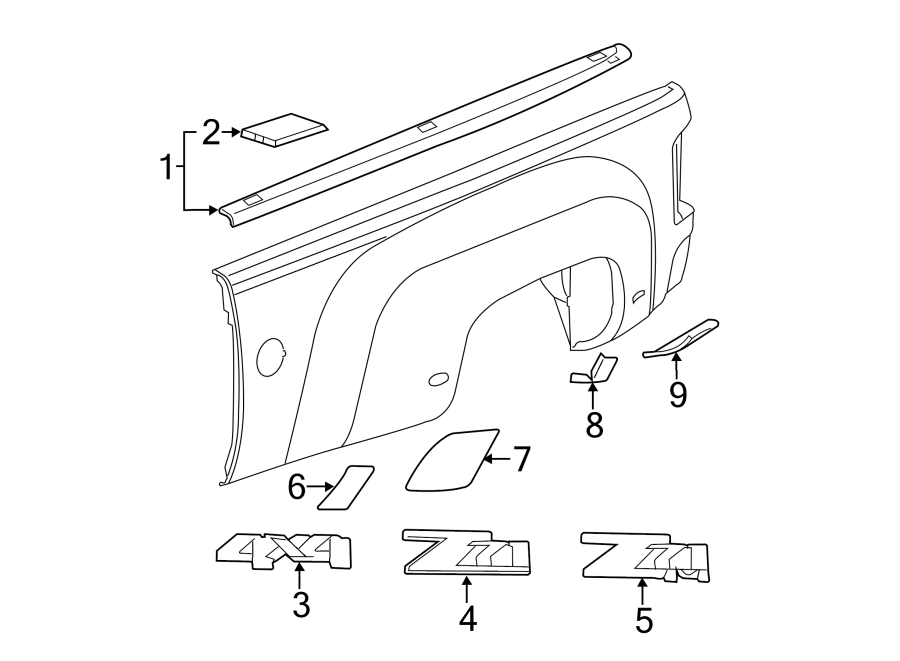 Diagram Pick up box. Exterior trim. for your 2012 GMC Sierra 2500 HD 6.0L Vortec V8 FLEX A/T 4WD SLE Standard Cab Pickup Fleetside 