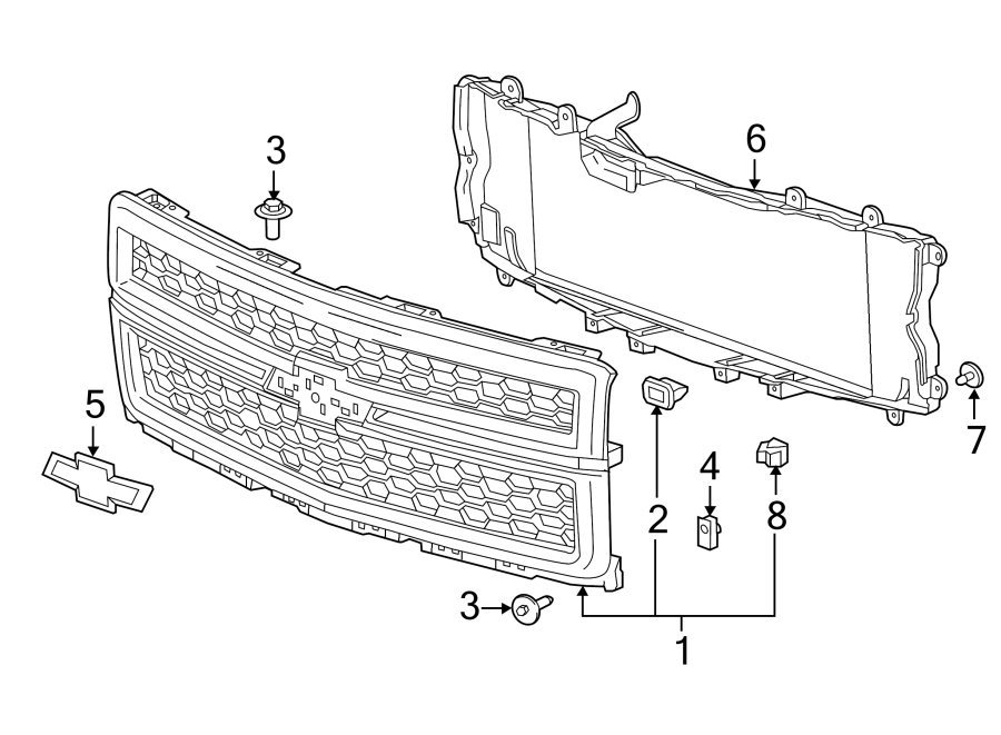 Diagram GRILLE & COMPONENTS. for your 2024 Chevrolet Suburban  RST Sport Utility 3.0L Duramax 6 cylinder DIESEL A/T 4WD 