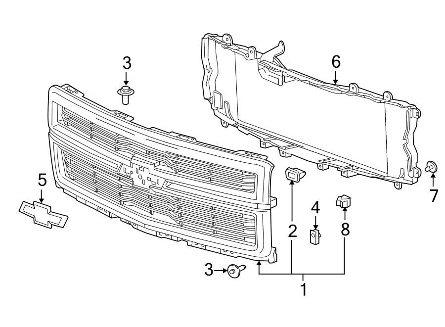 Diagram GRILLE & COMPONENTS. for your 2021 Chevrolet Silverado 3500 HD LT Cab & Chassis Fleetside  