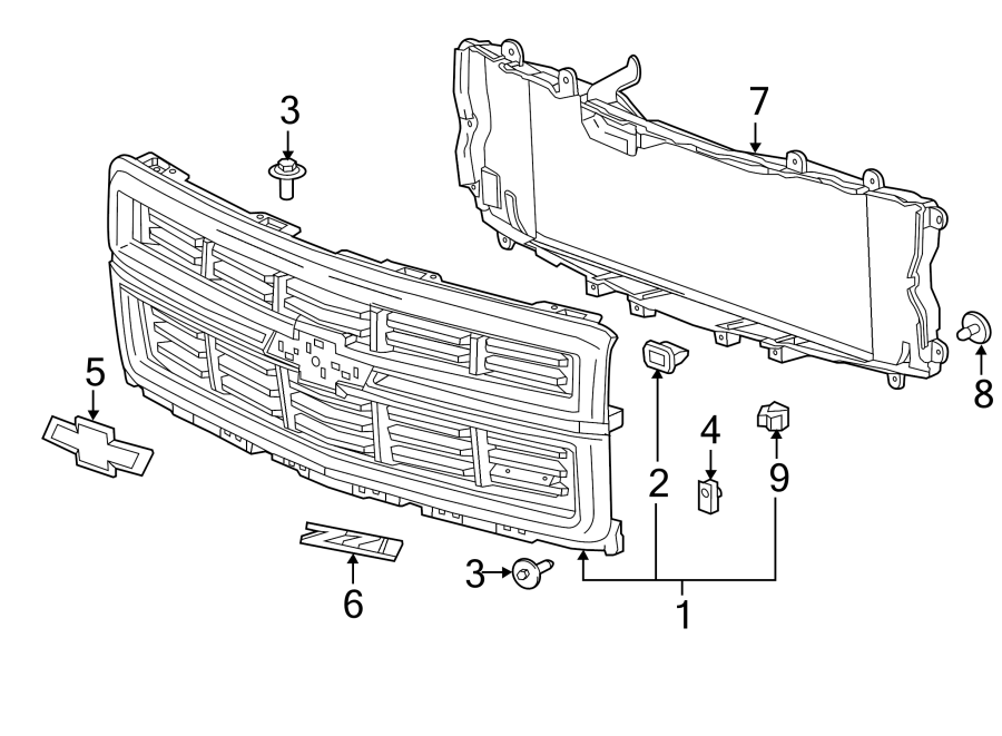 Diagram GRILLE & COMPONENTS. for your 2024 Chevrolet Suburban  RST Sport Utility 3.0L Duramax 6 cylinder DIESEL A/T 4WD 