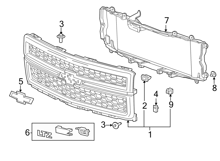 Diagram GRILLE & COMPONENTS. for your 2021 Chevrolet Silverado 3500 HD WT Cab & Chassis Fleetside  